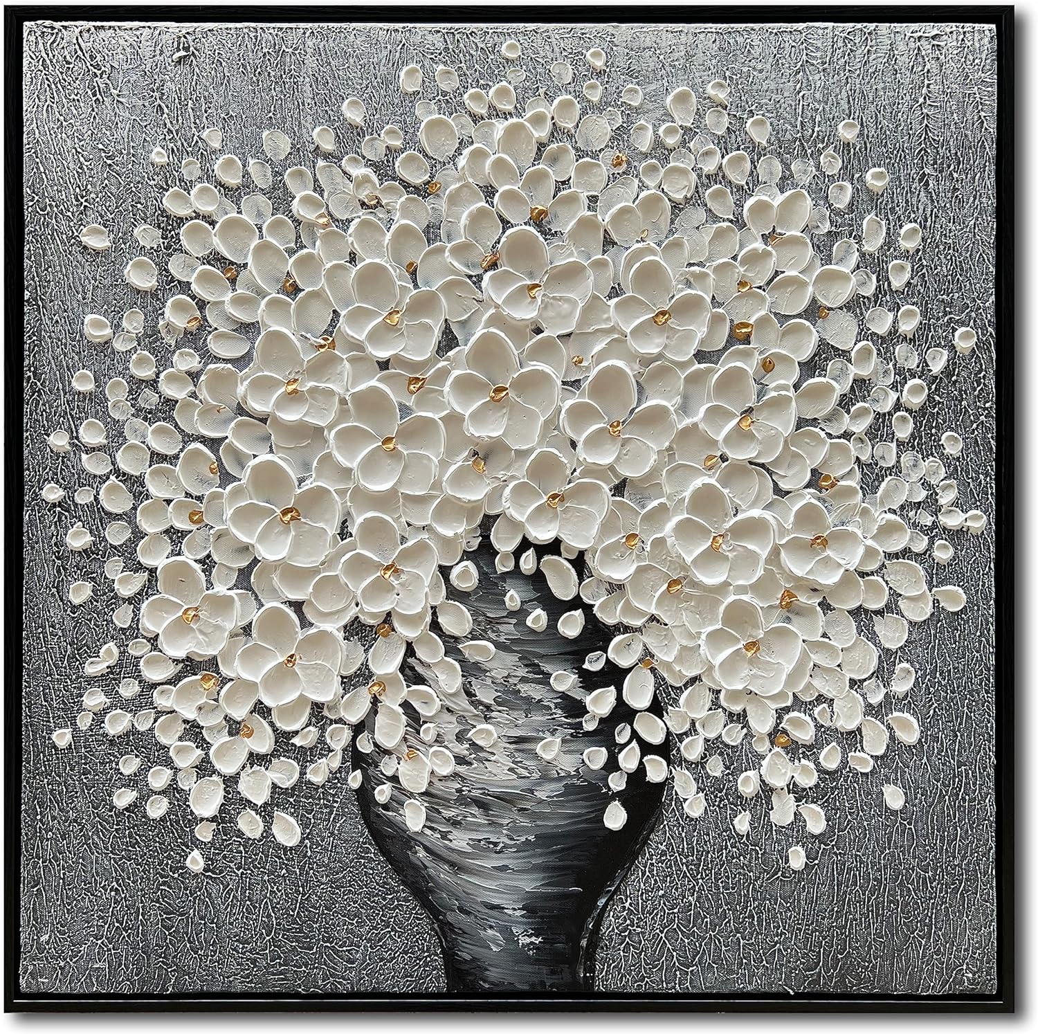 Paintings - Epicler art 24x24 Inch 100% Hand-painted White Flowers 3d Abstract Decorative Oil Painting, Hall Wall Decorative Frame Wall Art Ready to Hang