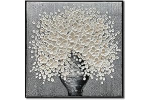 Epicler art 24x24 Inch 100% Hand-Painted White Flowers 3D Abstract Decorative Oil Painting, Hall Wall Decorative Frame Wall Art Ready to Hang