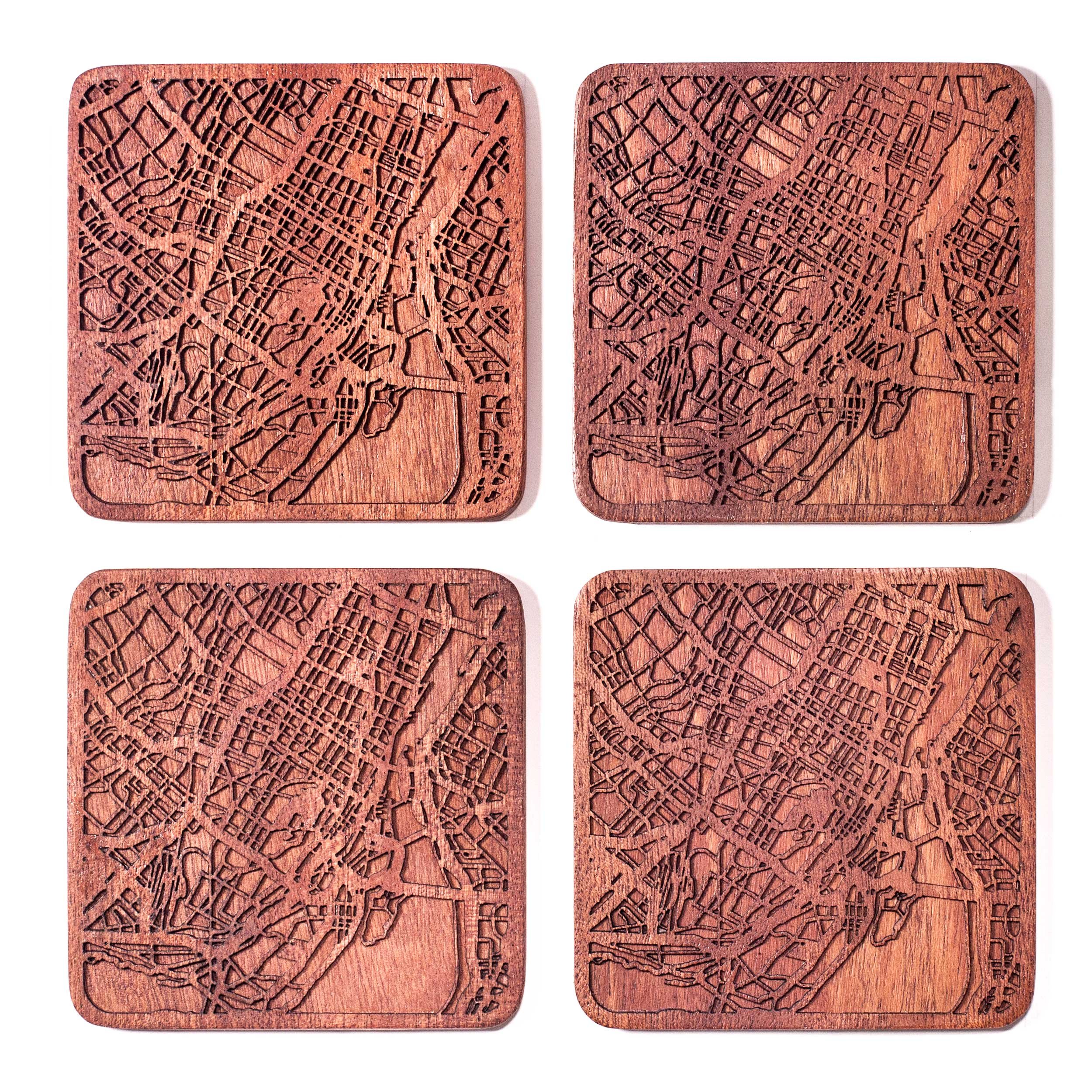 Montreal Map Coaster, Set of 4, Sapele Wooden Coaster with City Map, Handmade