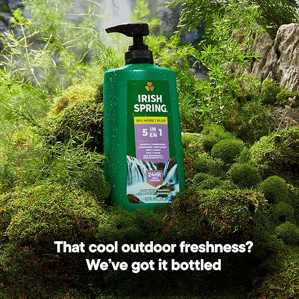 IRISH SPRING 5 IN 1 MOISTURIZING BODY WASH FOR MEN, SHAMPOO, CONDITIONER, BODY AND FACE WASH, AND 24 HOUR DEODORIZER, PARABEN-FREE, FRESH EUCALYPTUS & BERGAMOT SCENT, 30 FL OZ – PACKAGING MAY VARY