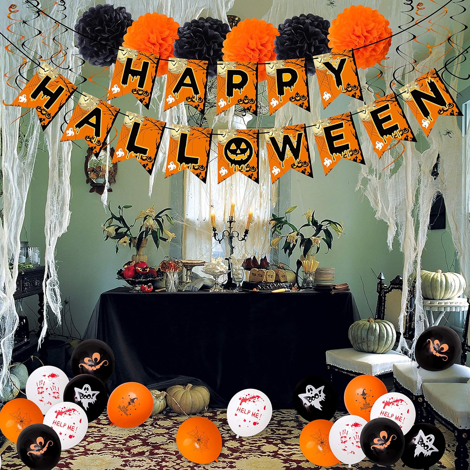 62PCS Halloween Party Decorations Set - Hallowmas Photo Booth Props Banner Balloons Pom Poms Hanging Swirls Spider Pumpkin Ornaments Supplies: Kitchen & Dining