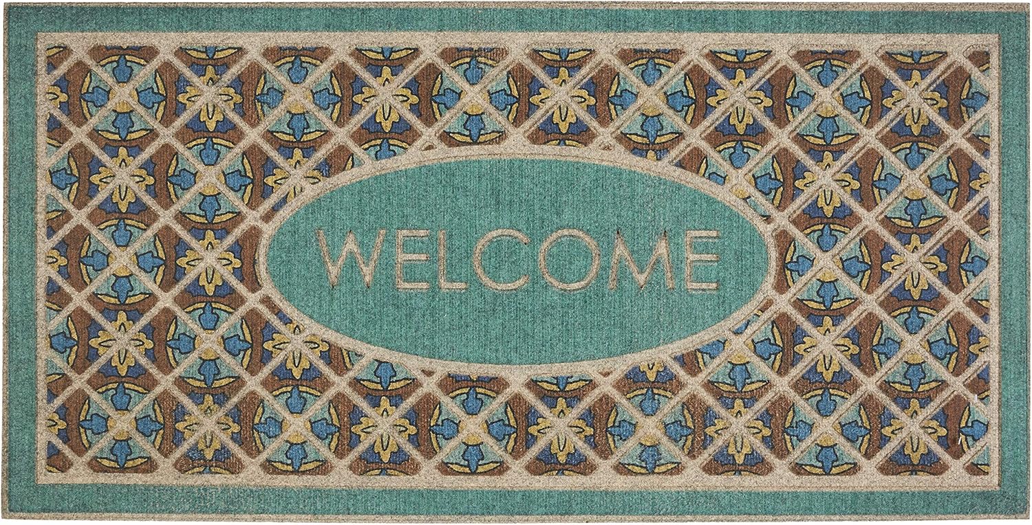 Mohawk Home Retro Tiles Ornamental Entryway Door Mat, 2'x4', Teal/Tan