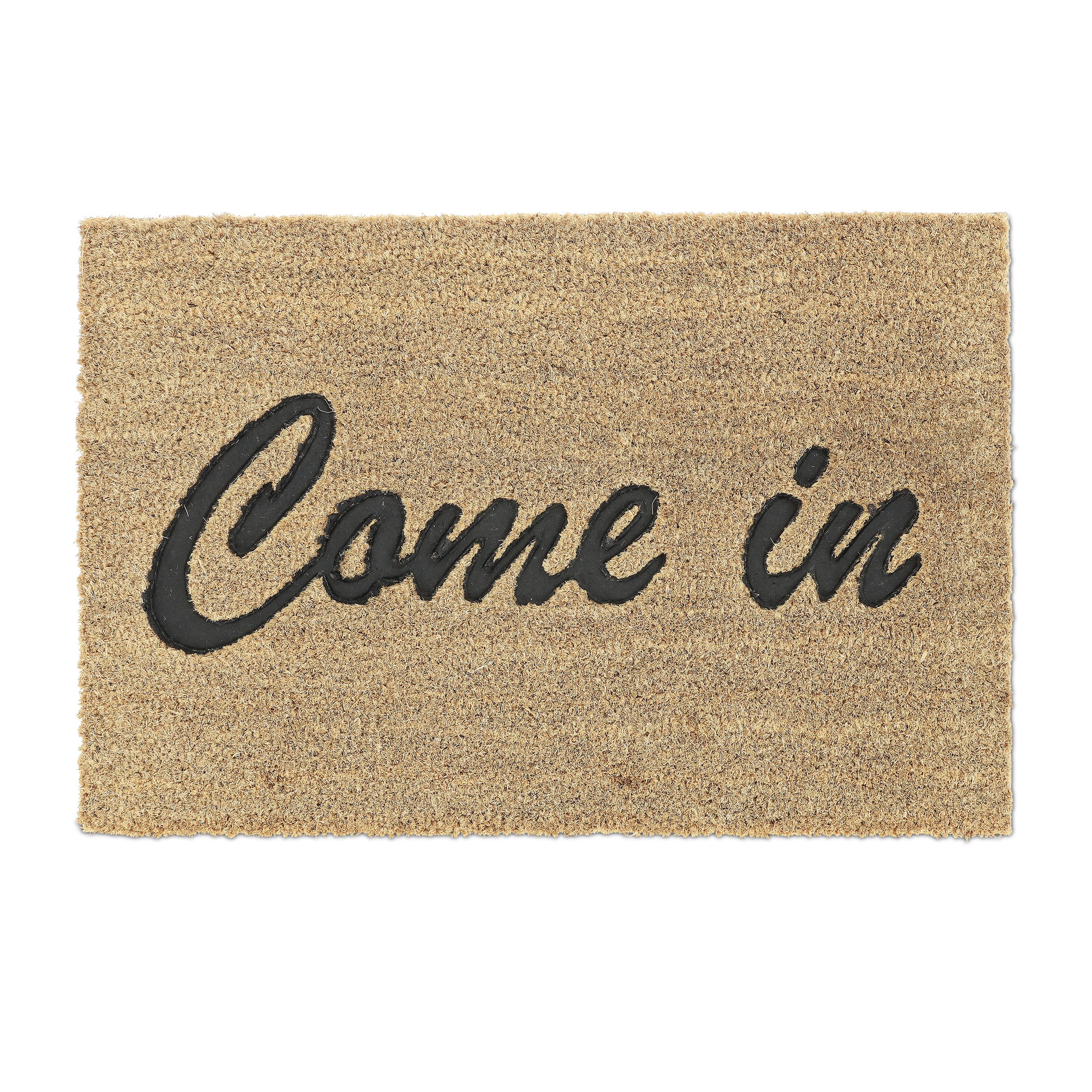 Relaxdays Come in Print Welcome Doormat Rubber, 40 x 60 cm, Door Mat Inside & Outside, Non-Slip, Natural Coir/Black