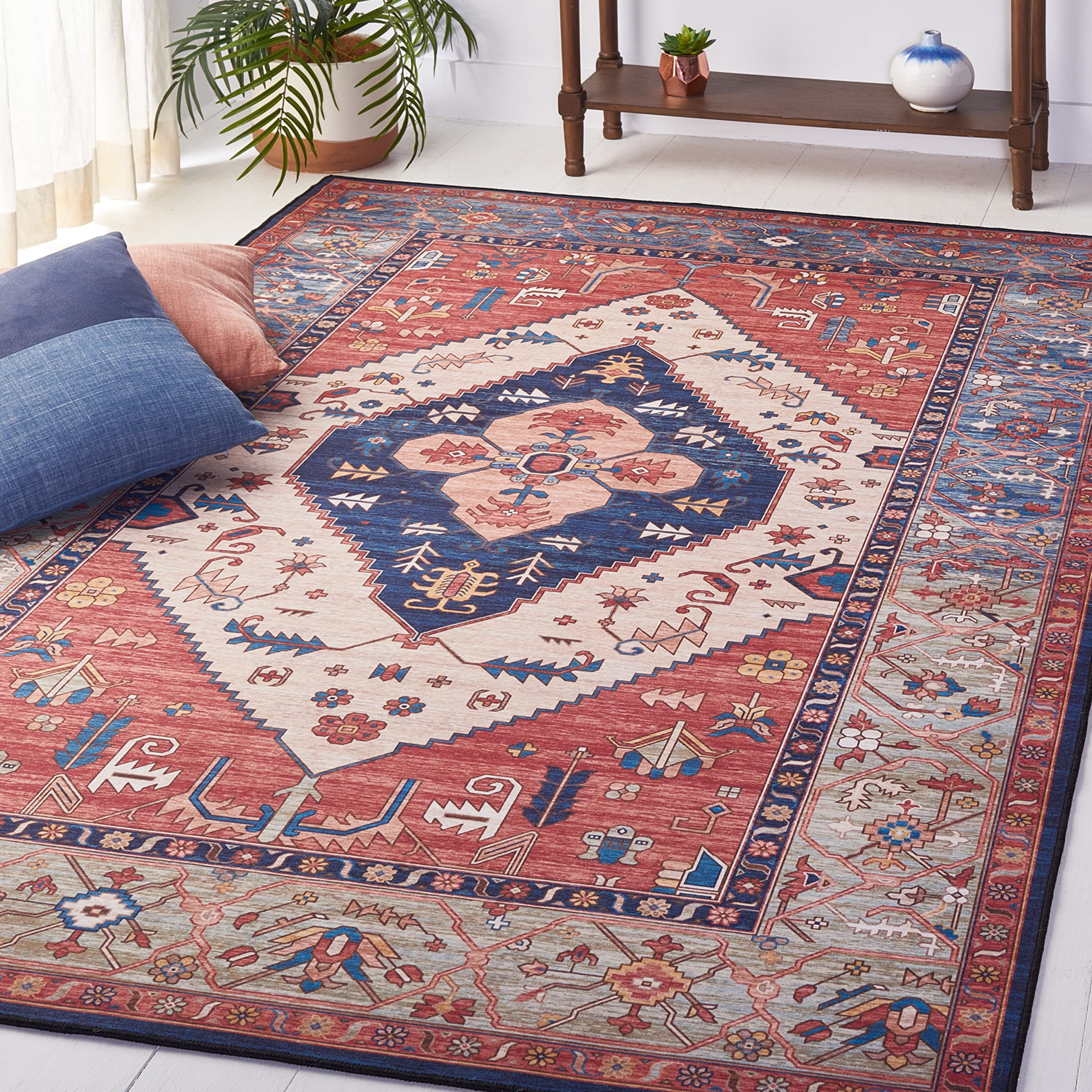 Safavieh Traditional Rug Ideal for High Traffic Areas - Machine Washable and Non Slip - Tucson Collection, Short Pile, in Rust and Blue, 76 x 305 cm