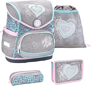 Belmil ergonomischer Schulranzen Set 4 -teilig für Mädchen 1-4 Klasse Grundschule//Brustgurt/Magnetverschluss/Herz, Heart/Grau, Grey (405-41 Trendy Love)