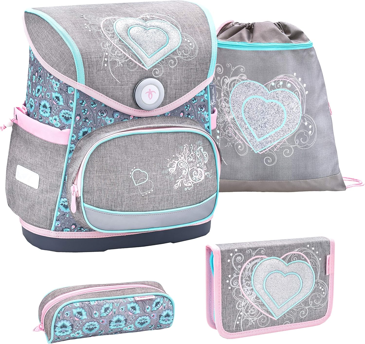 Belmil ergonomischer Schulranzen Set 4 -teilig für Mädchen 1-4 Klasse Grundschule//Brustgurt/Magnetverschluss/Herz, Heart/Grau, Grey (405-41 Trendy Love)