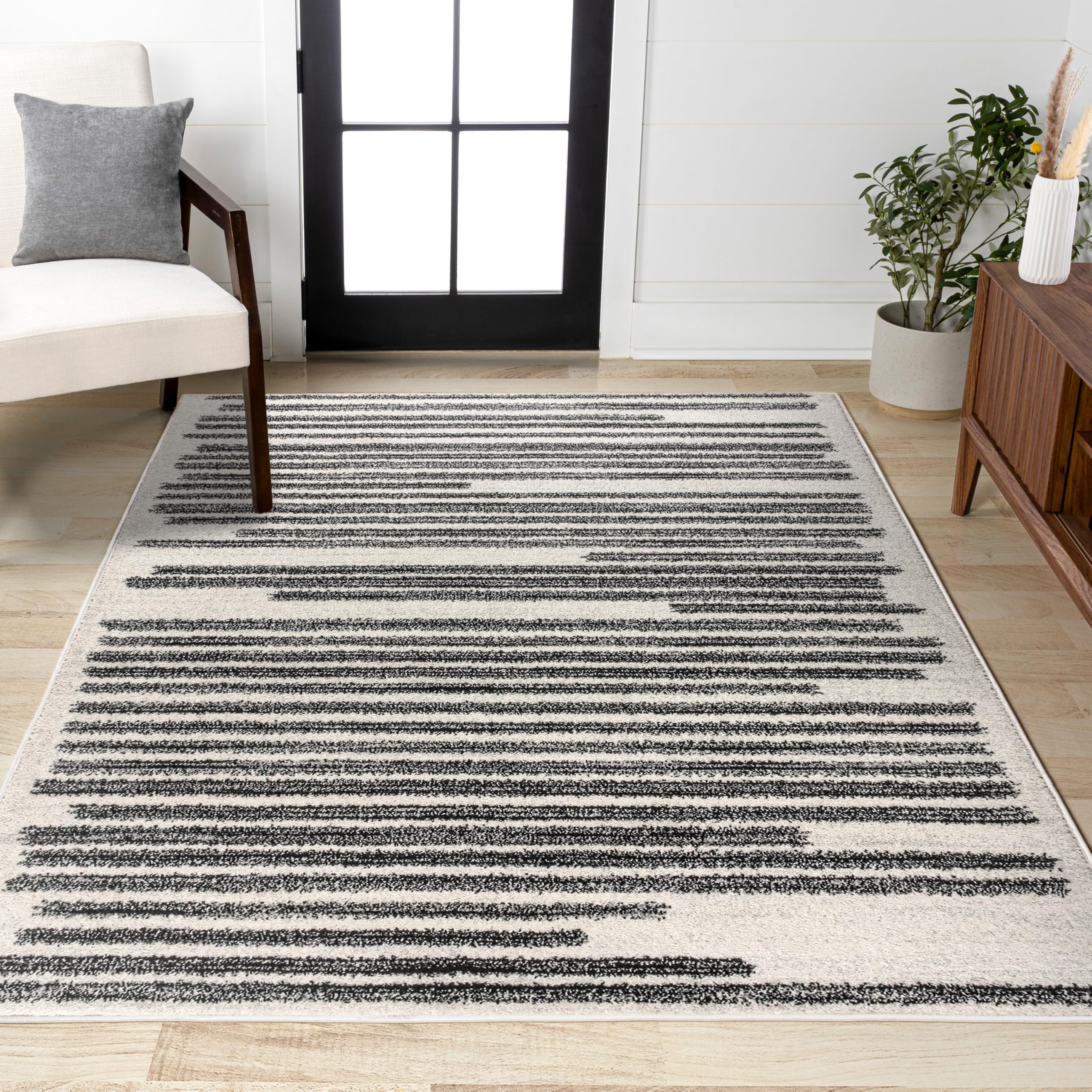 Photo 1 of JONATHAN Y Khalil Modern Berber Stripe Cream/Black Indoor Area Rug, 5x8, Contemporary, Bohemian, Easy-Cleaning for Living Room, Bedroom, Kitchen, Pet Friendly, Non-Shedding (MOH207A-5)