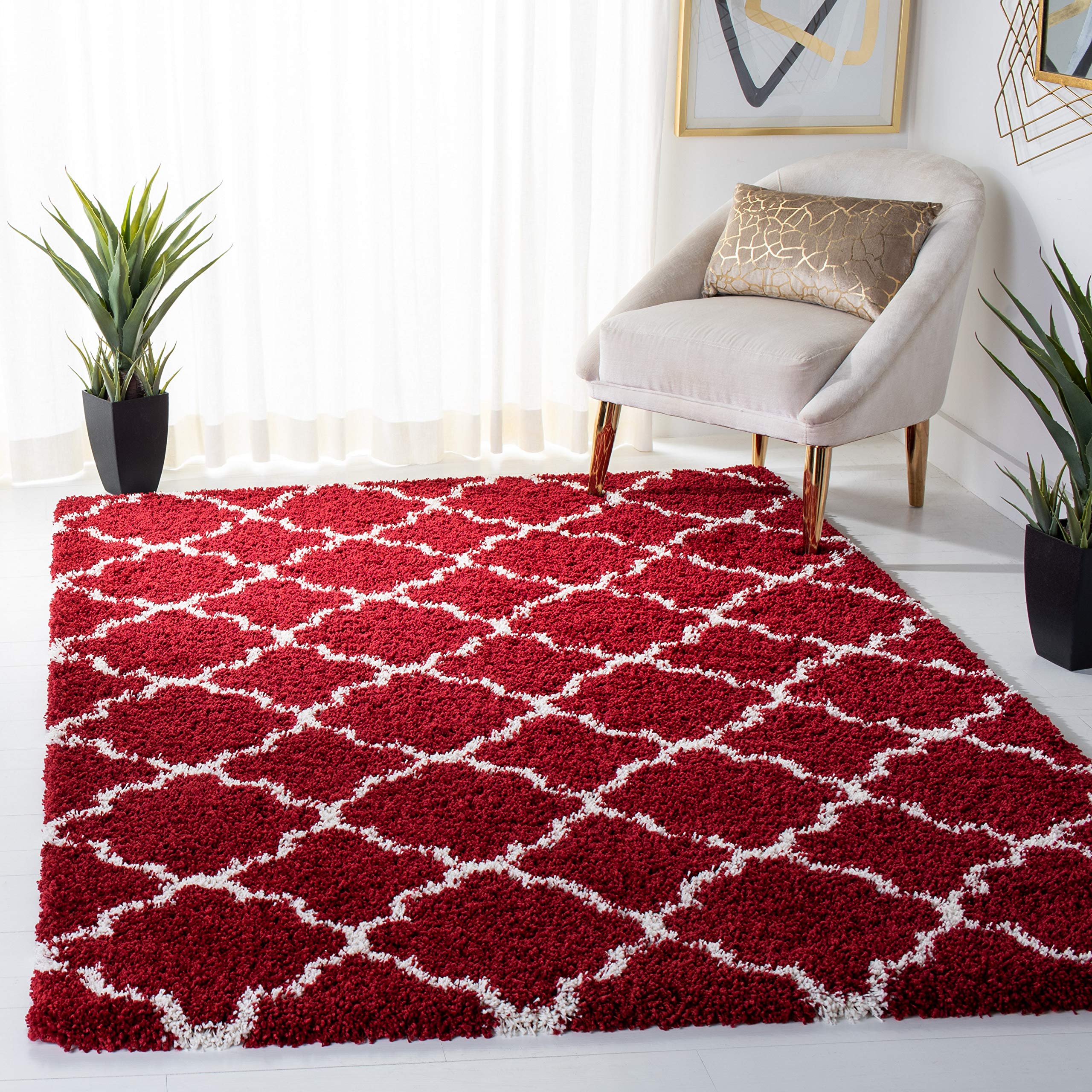 SAFAVIEH Hudson Shag Collection 7' Square Red / Ivory SGH282Q Moroccan Trellis Non-Shedding Living Room Bedroom Dining Room Entryway Plush 2-inch Thick Area Rug Image SAFAVIEH Hudson Shag Collection 7' Square Red / Ivory SGH282Q Moroccan Trellis Non-Shedding Living Room Bedroom Dining Room Entryway Plush 2-inch Thick Area Rug Image