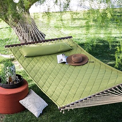 13 ft. Sage Green Diamond Stitch Quilted 2-Person Outdoor Bed Hammock with Head Pillow
