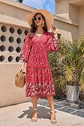 HECCPLI Women's Bohemian V Neck Floral Print A-line