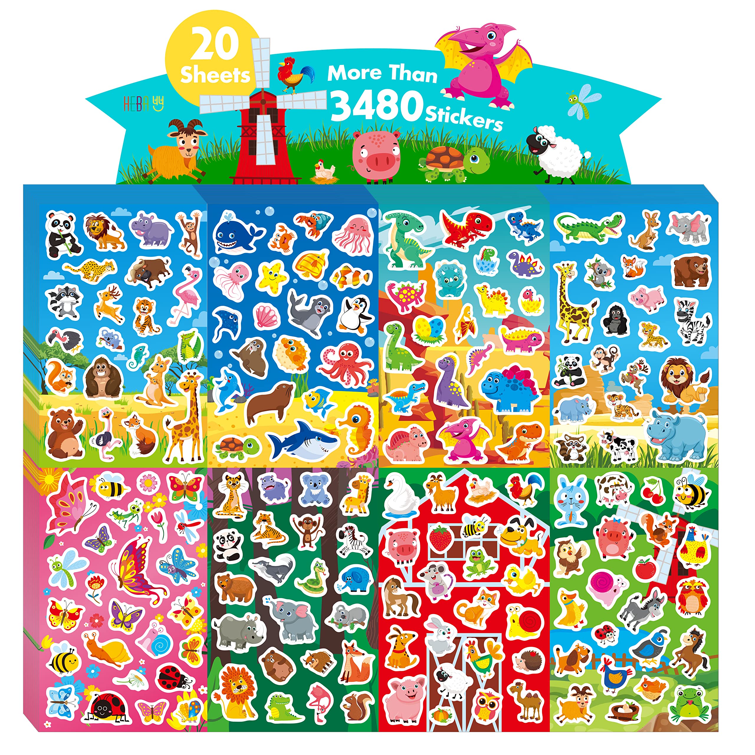 3480+ Animal Stickers, 170+ Adorable Cartoon Animal Designs, Motivational Animal World Pack Labels for Teacher Classroom Reward Gifts Encourage Kids to Do Chores Go to the Toilet (20 Sheets)