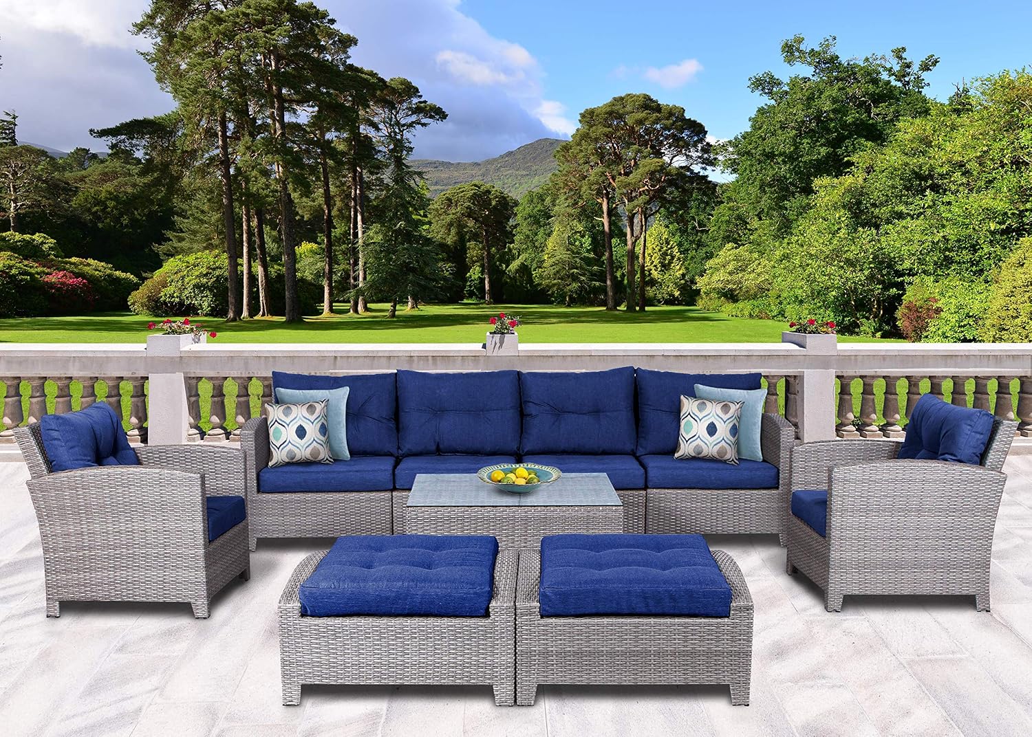 Amazon Com Sunhaven Resin Wicker Outdoor Patio Furniture Set 9 Piece Conversation Sectional Premium All Weather Gray Wicker Rattan Aluminum Frame With Deluxe Fade Resistant Blue Olefin Cushions Stamford Garden Outdoor