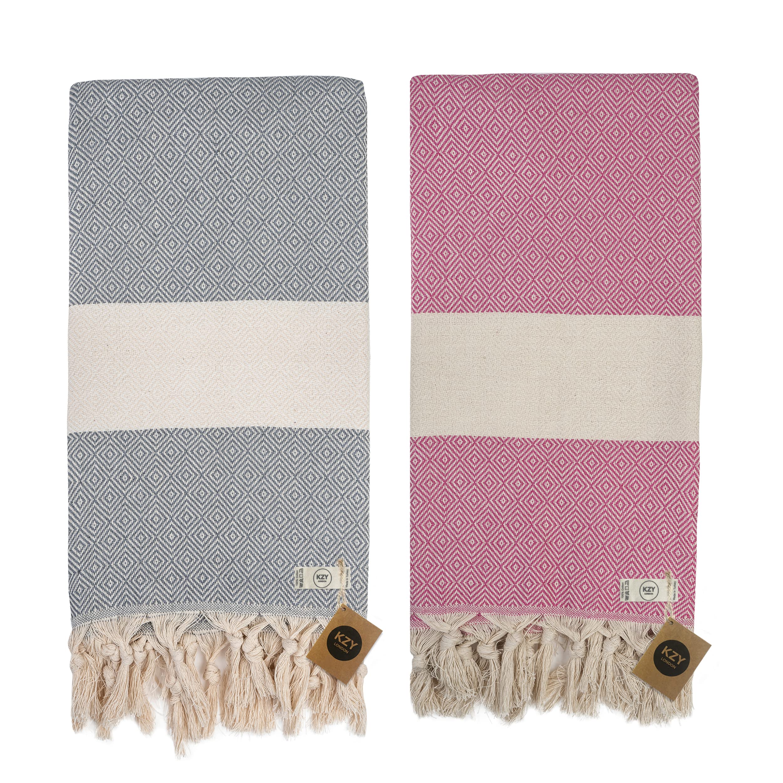 KZY LONDON Beach Towel 2 Pack Large Turkish Beach Towels for Camping, Swimming, Gym - Quick Dry, Absorbent, Lightweight,%100 Cotton 100x180cm Hammam Towels for Adults (2 Set, Grey & Fuchsia)