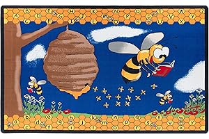 Flagship Carpets Busy Bee Cartoon Reading Bug Children's Classroom, Kids Bedroom or Educational Area Rug, 10'6" x 13'2", Blue/Multicolor