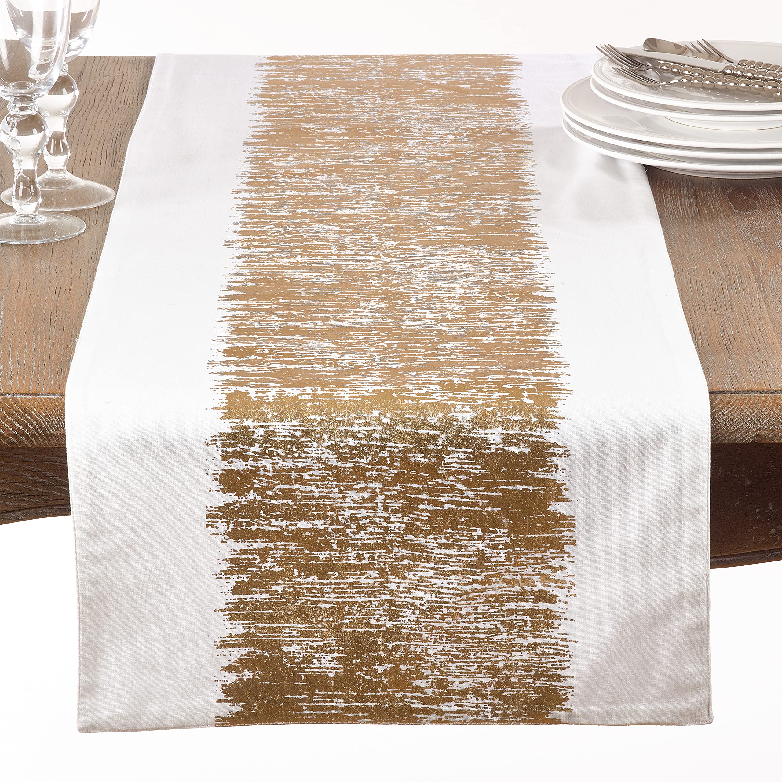 SARO LIFESTYLE 700.GL16108B Agatha Collection Metallic Banded Design Cotton Table Runner, 100%, Gold