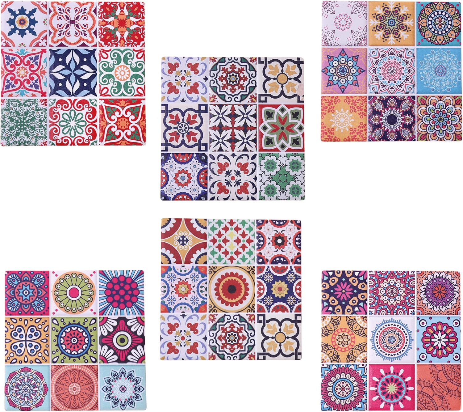 Flanacom Boho Design Untersetzer 6er Set – Dekorative Keramik Untersetzer für Glas, Tassen, Vasen, Kerzen und Töpfe - Premium Untersetzer Innen & Außen - Orientalisches Design (6er Set Kacheln)