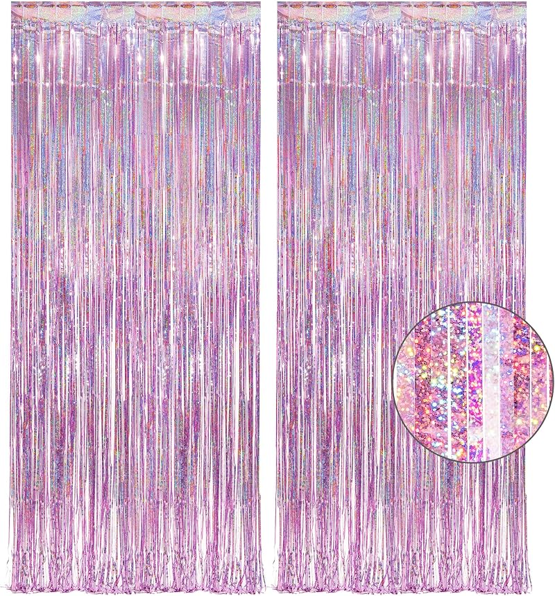 GREATRIL Pink Tinsel Curtain Backdrop 3.2 ft x 8.2 ft Pack of 2