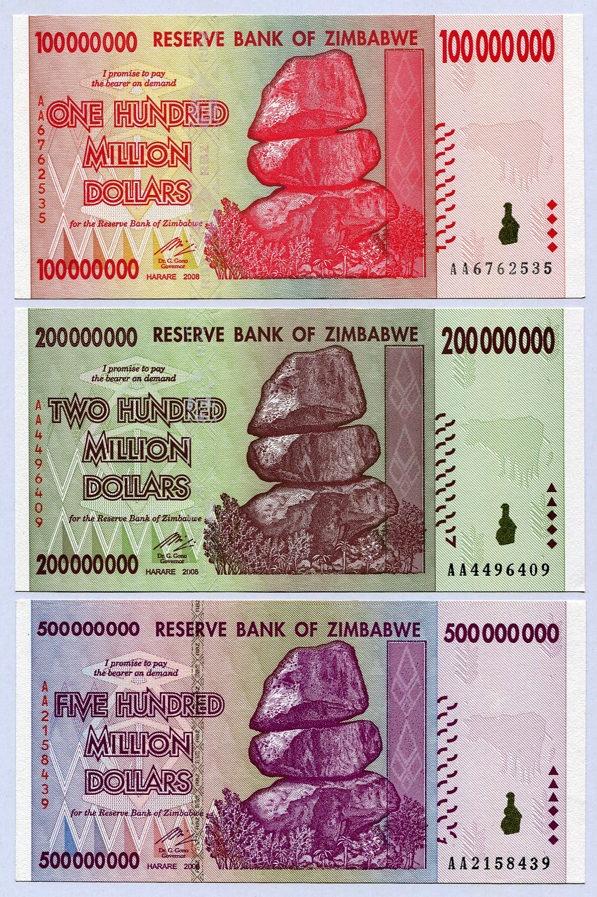 Zimbabwe 100 200 500 Million Dollars 2008 P80-P82 UNC currency bills …