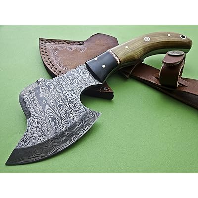 Ax-H-001,Custom Handmade Damascus Steel 9 Inches Axe - Exotic Wood and Bull Horn Handle