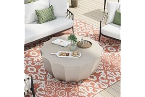 NTYUNRR 35" Patio Round Coffee Table, Waterproof Coffee Table Modern MgO Cement Design End Tables for Living Room, Outdoor Coffee Tables for Garden, Backyard, Balcony, White