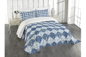 Ambesonne Navy Blue Bedspread, Oriental Pattern in Patchwork Horizontal Design Eastern Asian, Decorative Quilted 3 Piece Coverlet Set with 2 Pillow Shams, Queen Size, Indigo White
