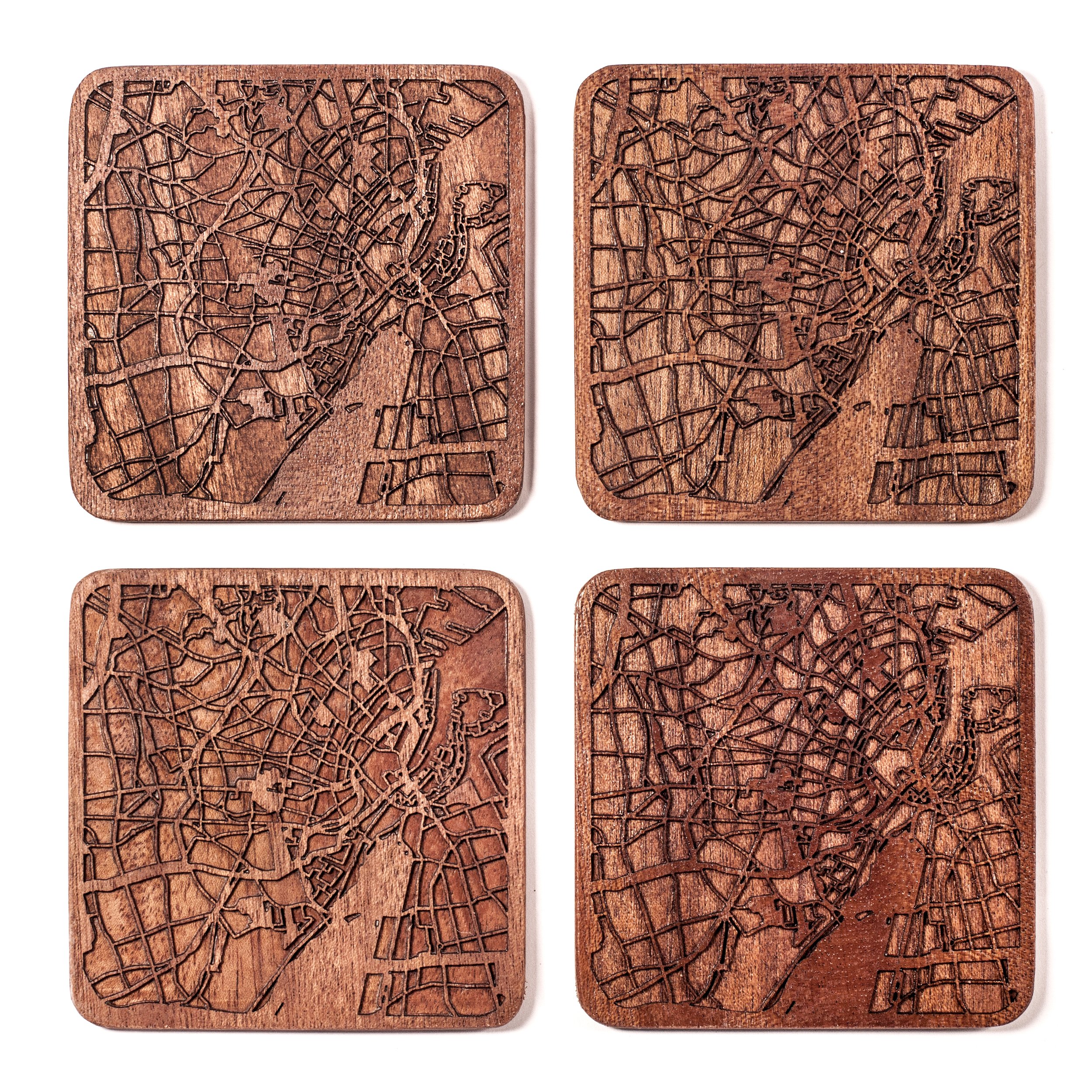 Copenhagen Map Coaster, Set of 4, Sapele Wooden Coaster with City Map, Handmade