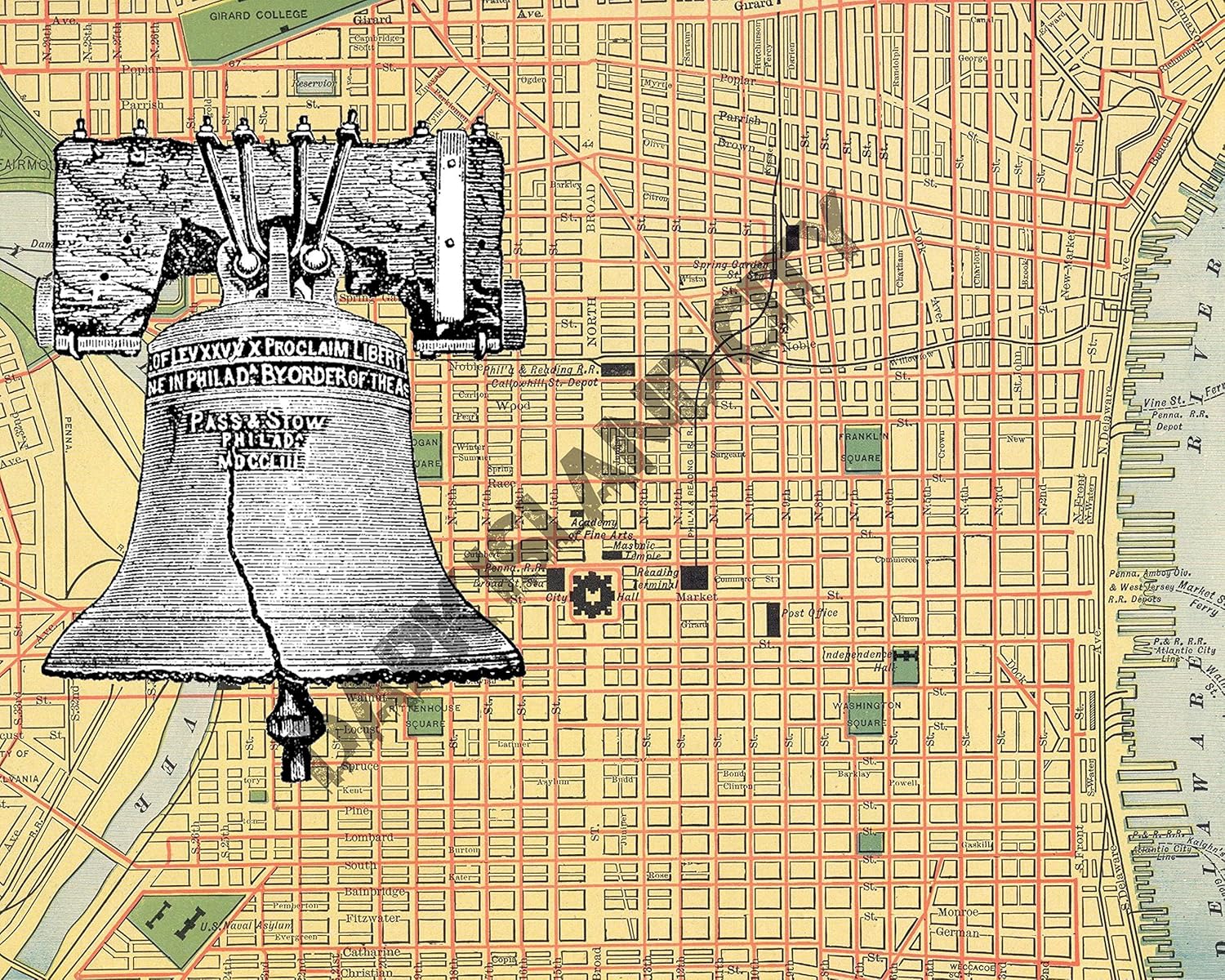 Amazon Com Liberty Bell American Independence Philadelphia Map Background 8 X 10 Print Handmade