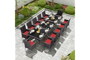 Kullavik 15-Piece Outdoor Dining Set Patio Rattan Furniture Set,Patio Dining Table and Chairs Set with 12 Chairs and Cushions,Square Glass Tabletop with Umbrella Hole for Patio,Backyard,Garden,Red