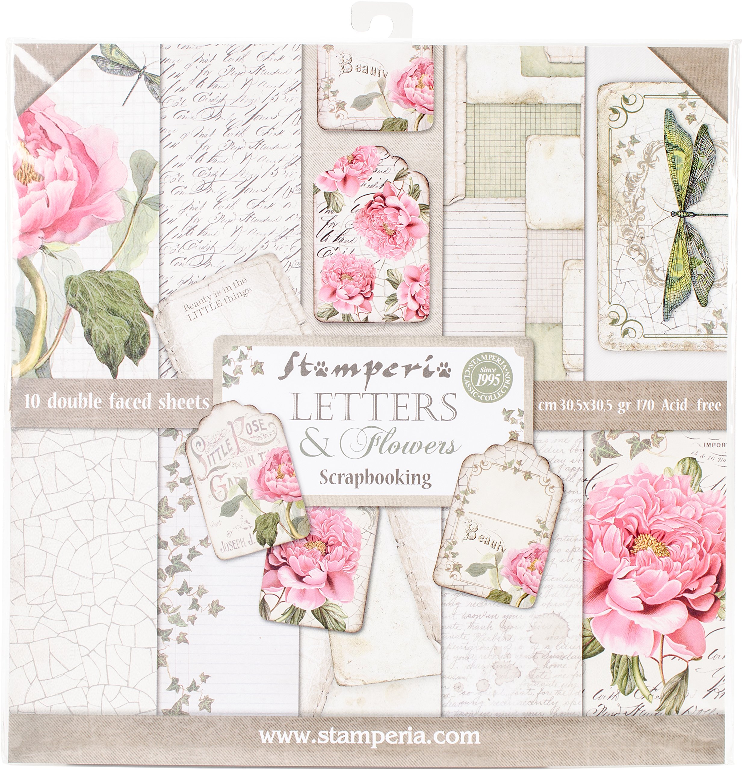 Stamperia Intl Letters & Flowers Double Sided Paper Pad (10/Pack), 12" x 12",Pink/Green