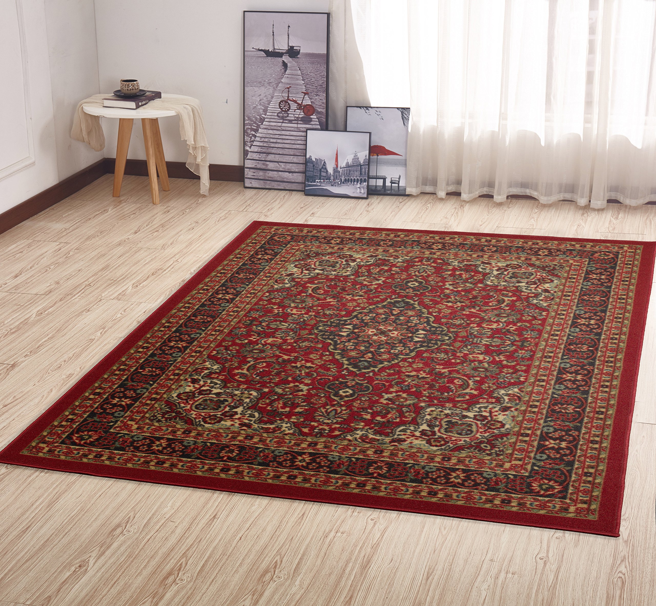 Ottohome Collection Persian Heriz Oriental Design Red Area Rug (5'0" X 6'6") With Non-Skid (Non-Slip) Rubber Backing