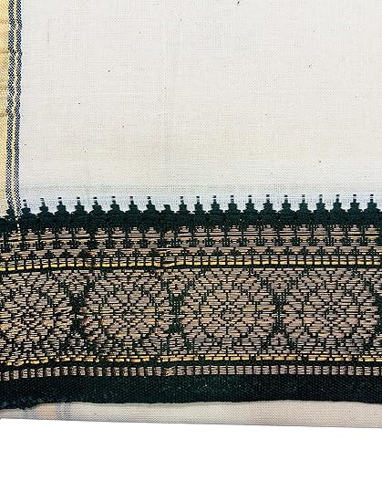 com 100% pure Handloom Cotton White With Dark Green Zari Border - 3.6 metres
