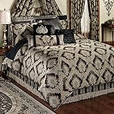 Fenmore Damask Medallion Oversized Luxury Bedding | Rich Black Taupe Silver Gray Wheat Almond | 4 Piece Comforter Set: Queen Comforter, 2 Standard Shams, and Bedskirt | Sophisticated Elegant Royal