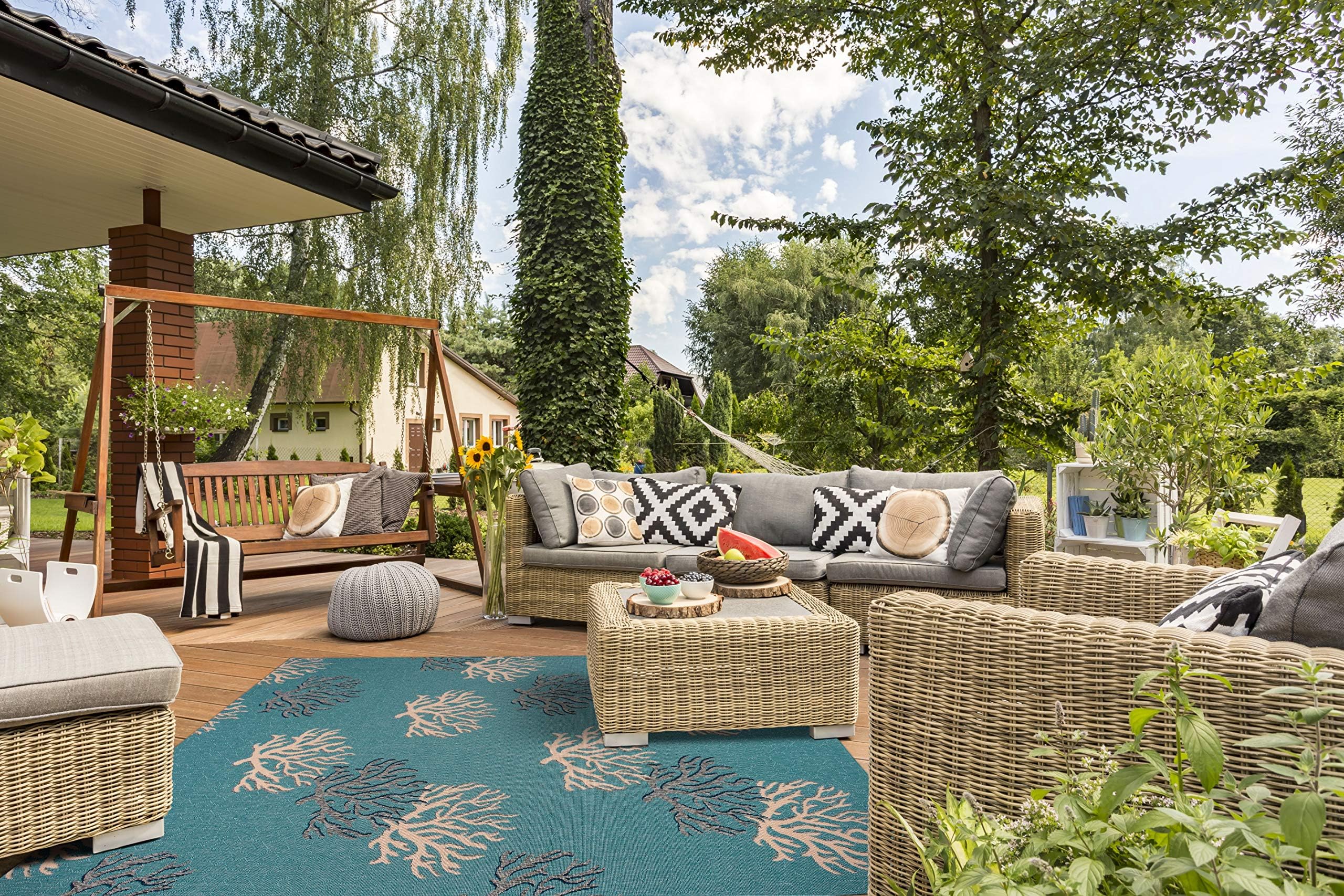 GAD Premium Indoor Outdoor Contemporary Coral Area Rug (7'10"x 10'2") Teal, Navy Blue & Beige Ocean Marine Rug - Stain & Fade Resistant Rug for The Living Room, Patio, Porch, Deck, Lanai