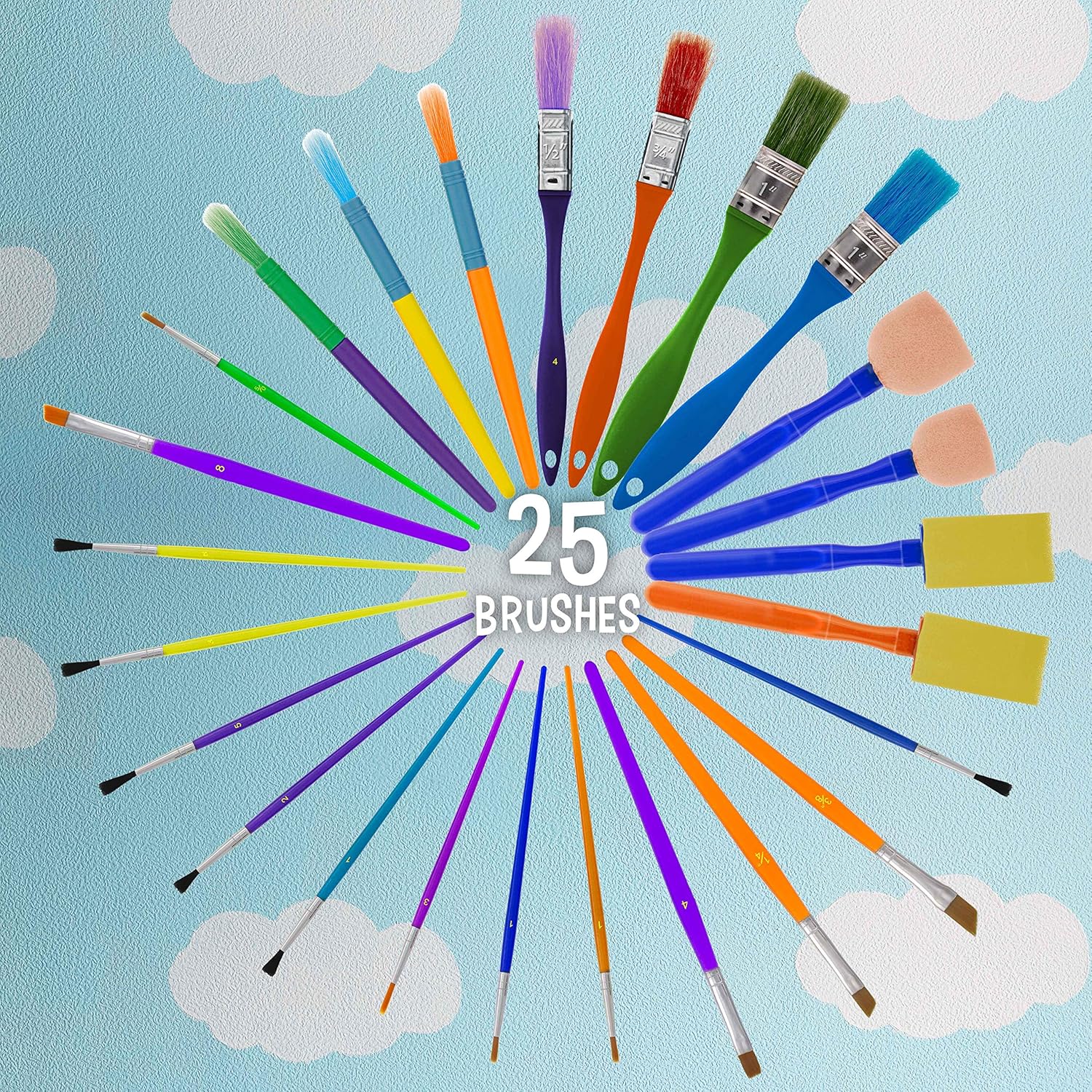 U.S. Art Supply 25-Piece Children's All Purpose Paint Brush Set - Artist Variety Value Pack, 6 Types, Flat, Round, Chip, Mop, Foam Tipped Brushes - Fun Kid's Party, School Student Class Craft Painting: Kitchen & Dining