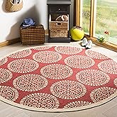 SAFAVIEH Washable Rug Outdoor Linden Collection - 6'7" Round, Red & Cream, Non-Shedding & Easy to Clean, Ideal for Patio, Bac