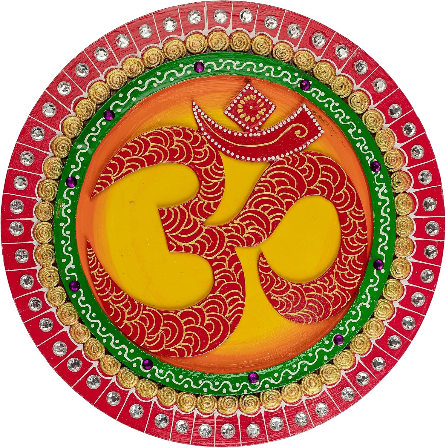Mixed Media - Decorative Round Wall Hanging Wooden OM Statue Sculpture Idol Indian wall Décor Antique Statue for Home Yoga Room Boho Decor, Entrance, temple décor gifting Traditional Decorations (Size:- 10 Inches)