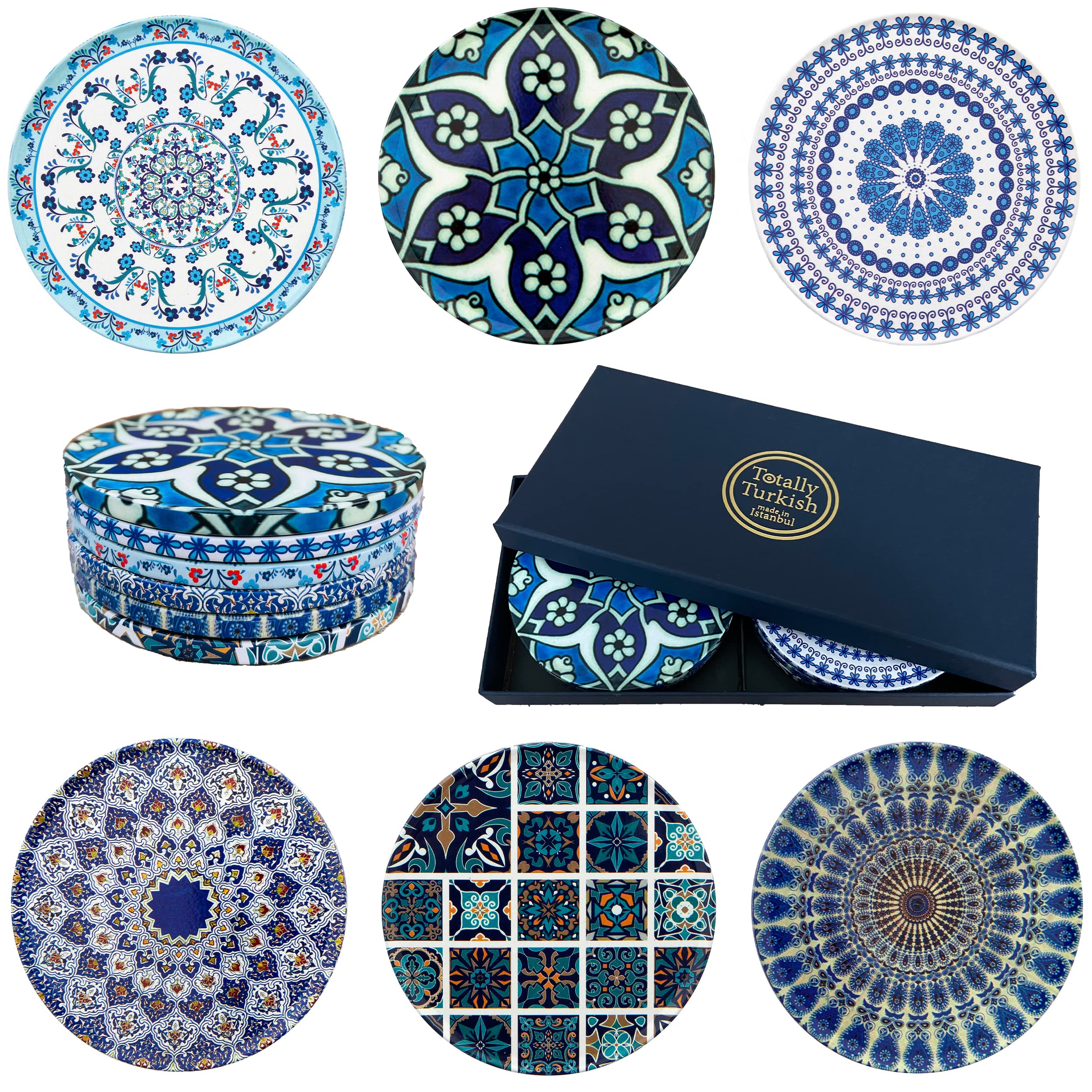 Totally Turkish – Patterned Drink Coasters Set of 6 – Giftable Design Drinks Mat Set – Non-Scratch Top & Non-Slip Cork Base (Epheseus)