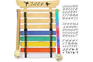 Winartton Bamboo/Wood Karate Belt Display Rack, 8 Belt Taekwondo Belt Display with Stickers, Martial Arts Belt Display Holder, Jiu Jitsu BJJ Belt Display Hanging Holder for Adults