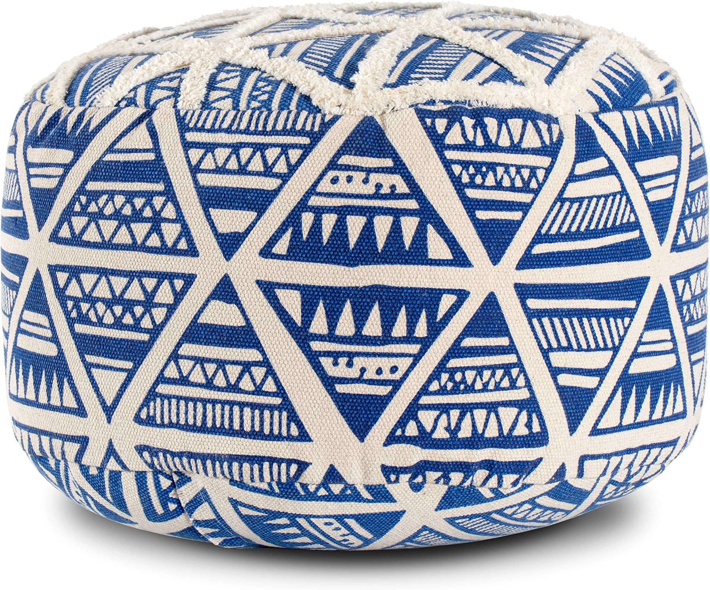 Anji Mountain Round Pouf , 26" x 26" x 18", Blue and Ivory