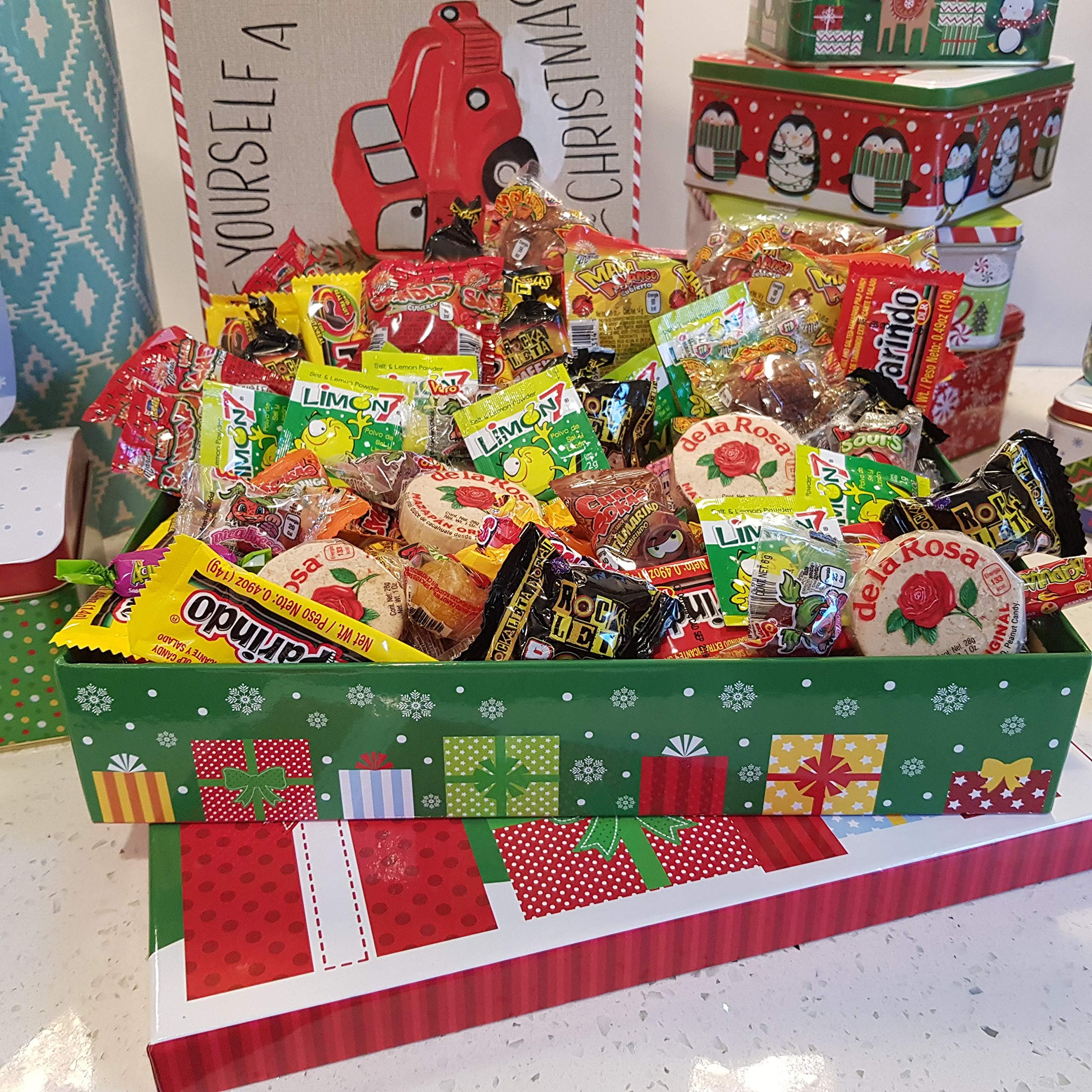 Glam Lux Mexican Posada Christmas Candy Assortment Gift Tin/Basket,Gifts under 30, 175pcs of sweet & spicy candy assortment, pulparindo, mazapan, pica goma, canels & more FREE Priority S&H!