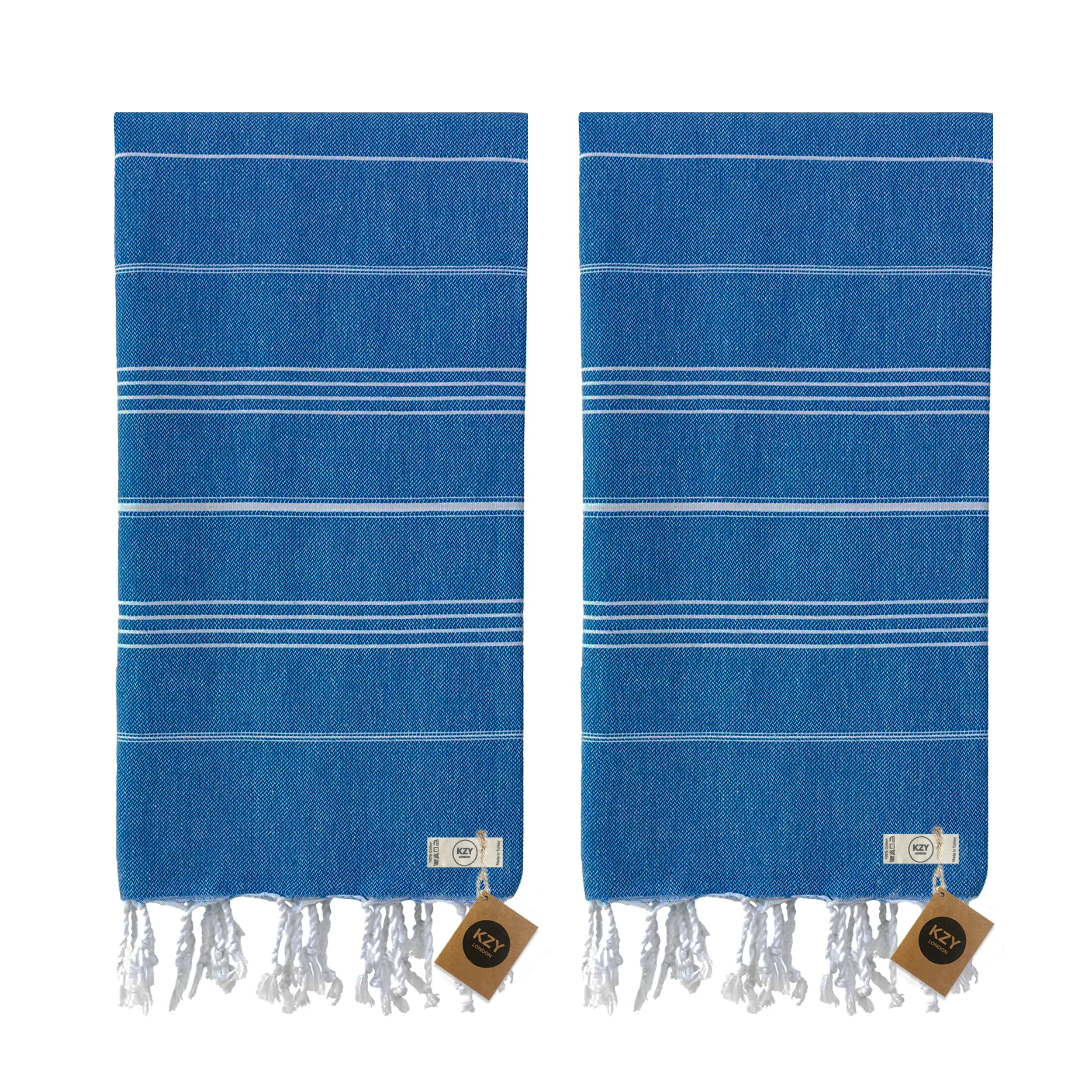 KZY LONDON Beach Towel 2 Pack Large Turkish Beach Towels for Camping, Swimming, Gym - Quick Dry, Absorbent, Lightweight,%100 Cotton 90x180cm Hammam Towels for Adults (2 Set, Blue)