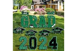 HOVACY 14 PCS Graduation Outdoor Decor, Green Glitter Congratulations Graduation Yard Signs with Stakes, Plastic Congrats Grad Yard Stakes, Large Grad Cap College High School Outdoor Lawn Decorations
