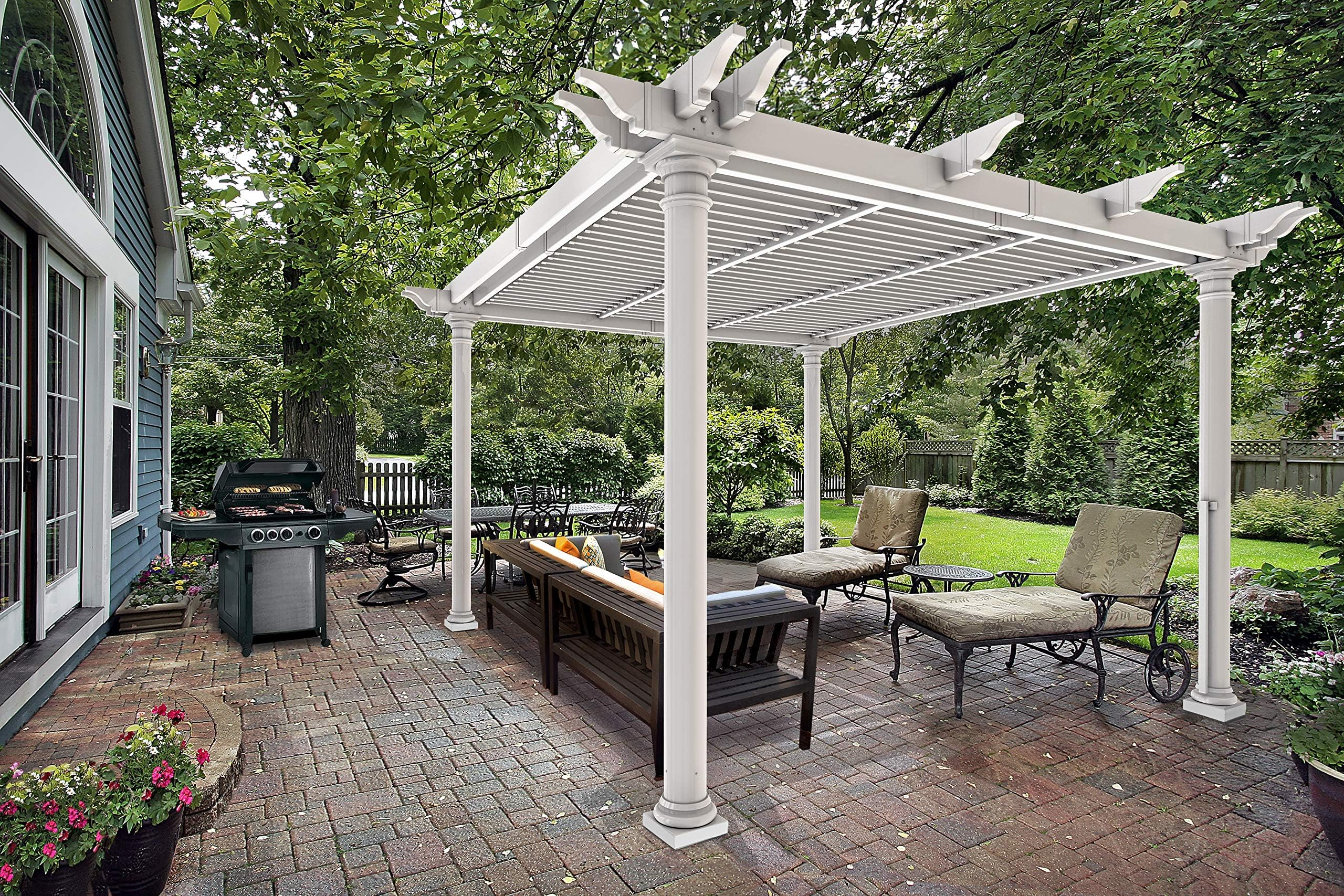 Vita 10 Foot x 10 Foot White Vinyl Preston Pergola with Round Posts and Adjustable Shade Louvres, PVC, Shade Structure, Outdoor Living, BPA and Pthalate Free, VA42093