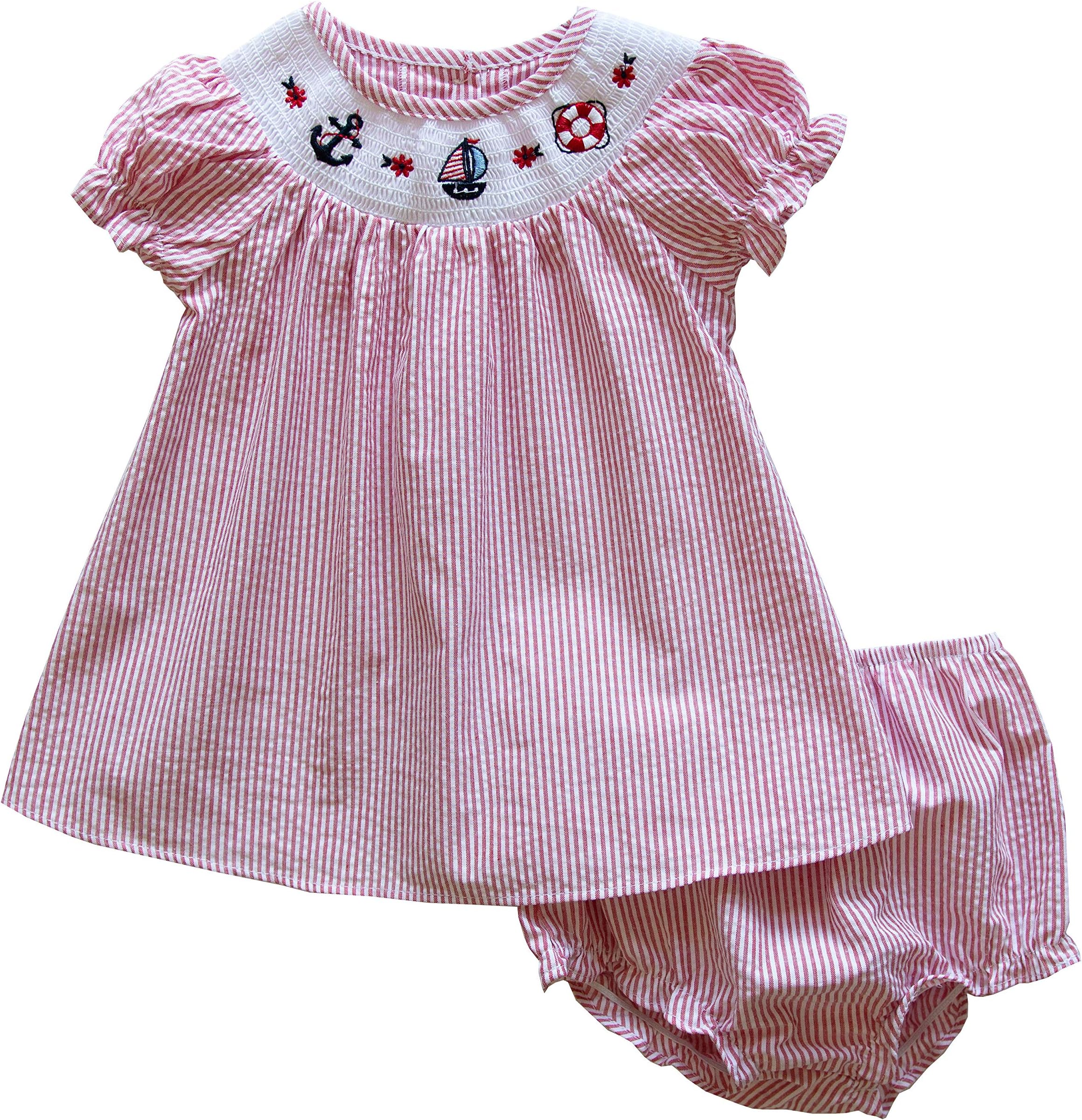 Newborn/Infant Baby Girls Seersucker Smocked Dresses with Nautical Embroideries