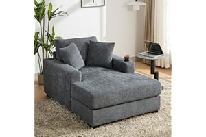 BEDGJH 43.5" Oversized Chenille Fabric Chaise Longue Indoor, Modern Comfy Thicked Upholstered Sofa Couch with Pillows, Charge Station & Cup Holders, Comfy Reclining Sleeper Chair (Blue Gray/43.5")