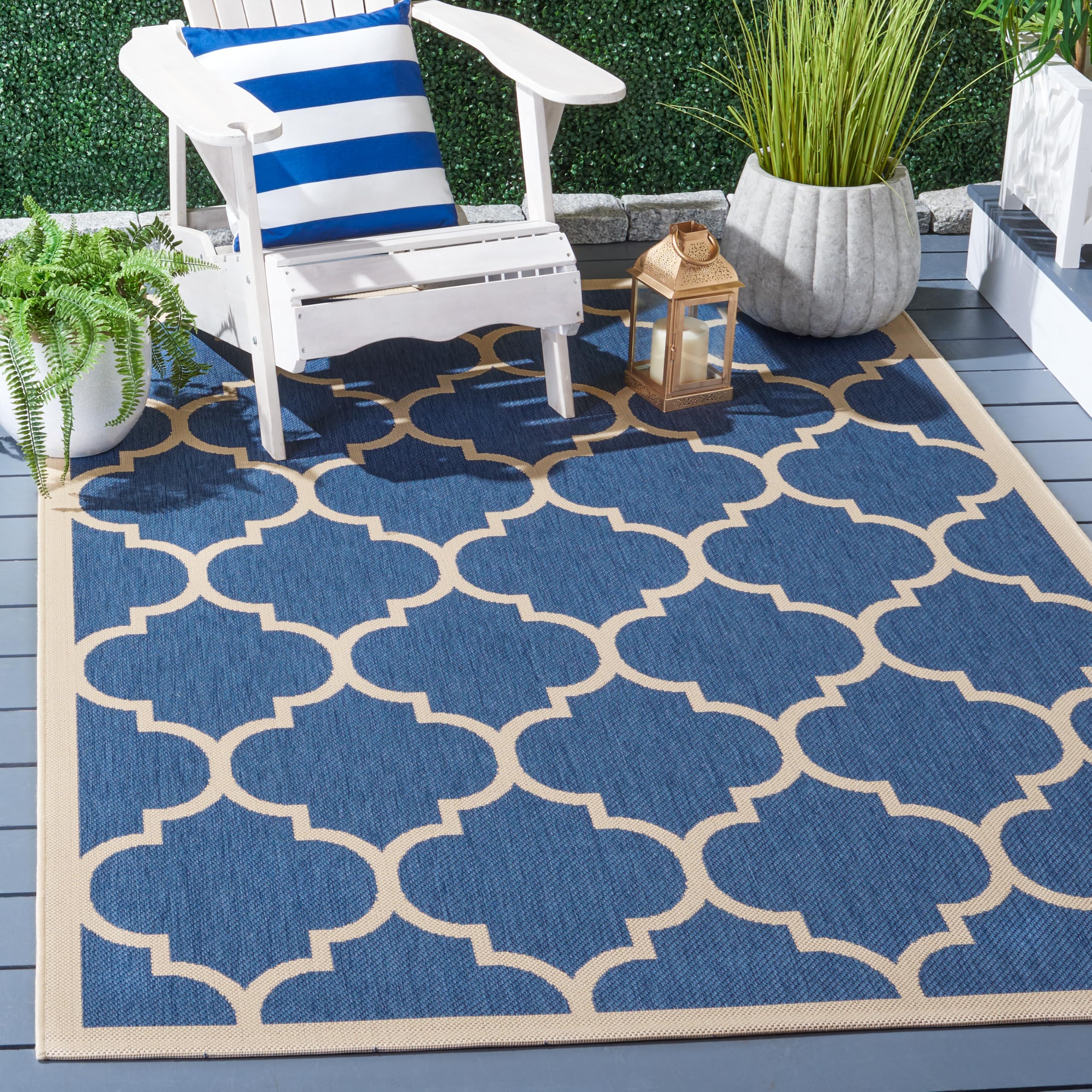 Safavieh Trellis Indoor/Outdoor Woven Rectangle Area Rug, Courtyard Collection, CY6914, in Blue / Beige, 160 X 231 cm for Garden, Patio or Any Outdoor Space
