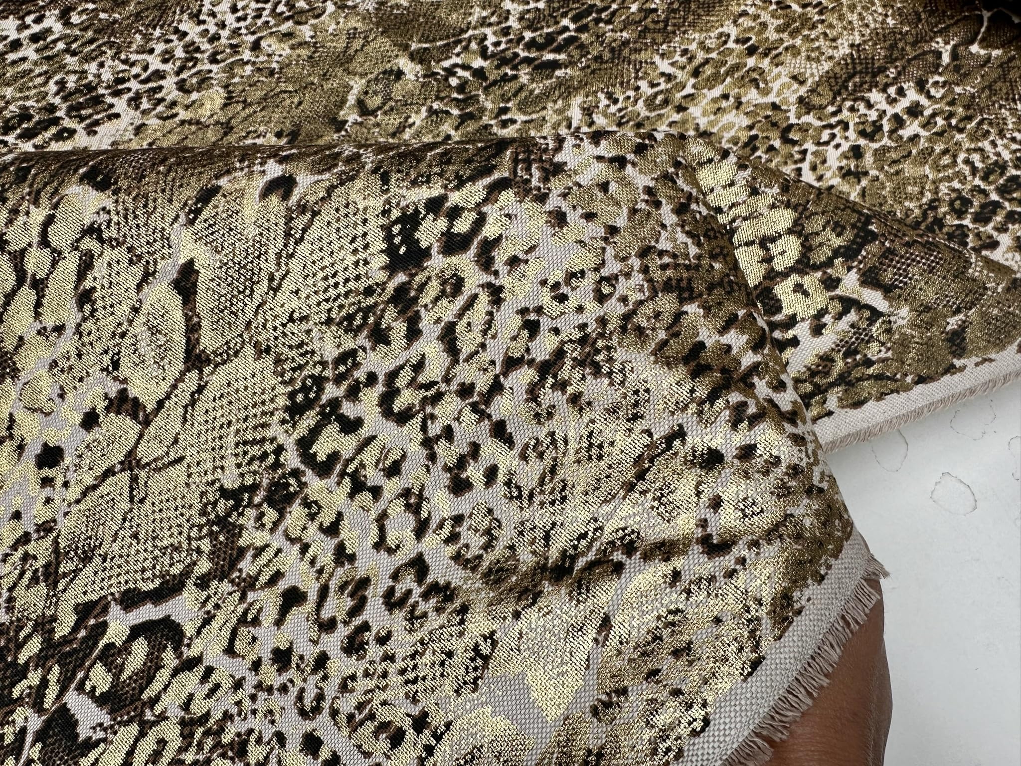 Metallic Snake Skin Print Python Leopard Animal Fabric Linen Look Cotton Blend Curtain Decor Dress - 140cm Wide - Gold (3 Metres)