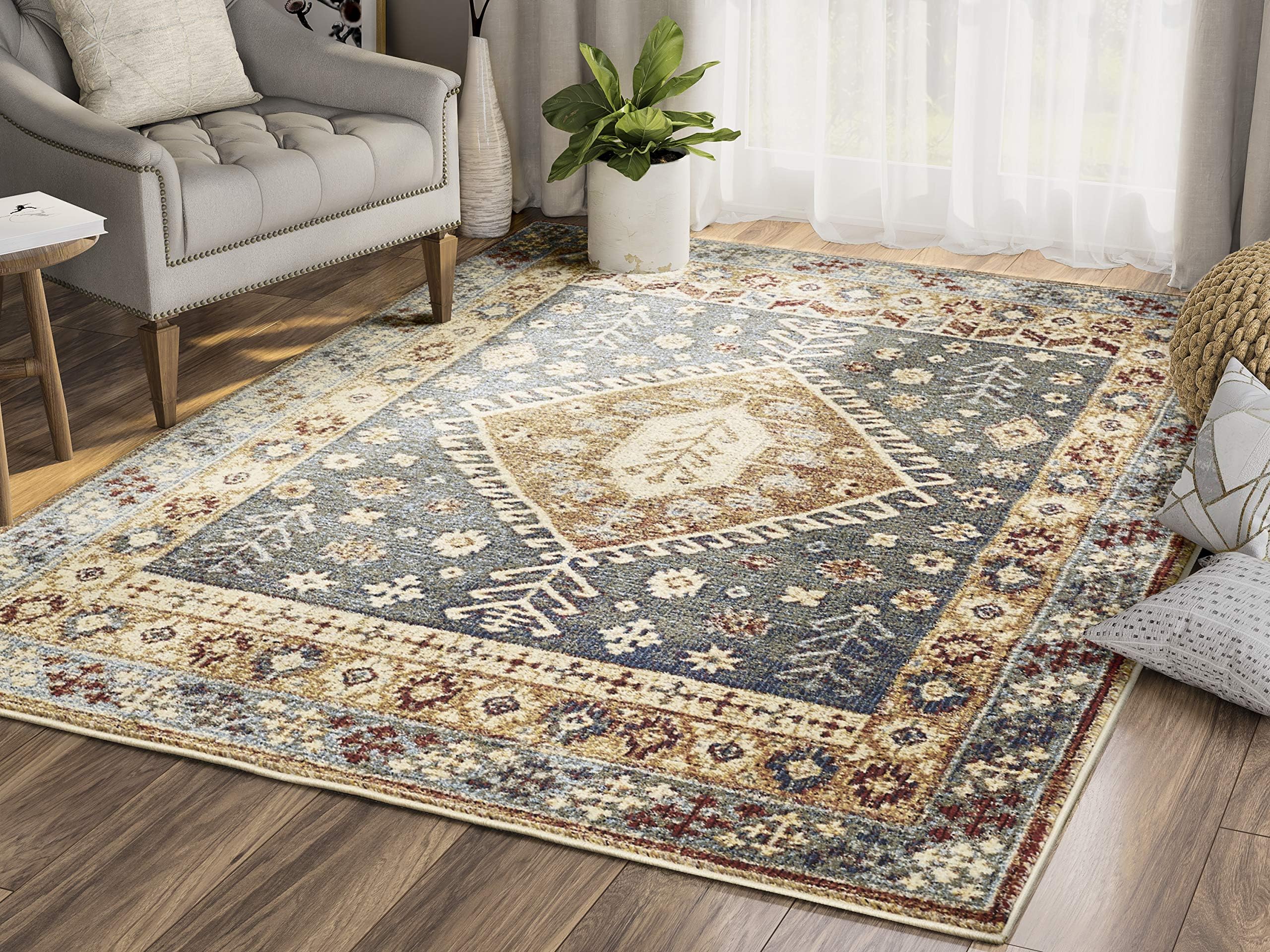 Floral Geometric Southwestern Area Rug, Mesa Collection Distressed Blue, Grey, Red, Yellow 5'3" x 7'6" Accent Rug - Abani Rugs