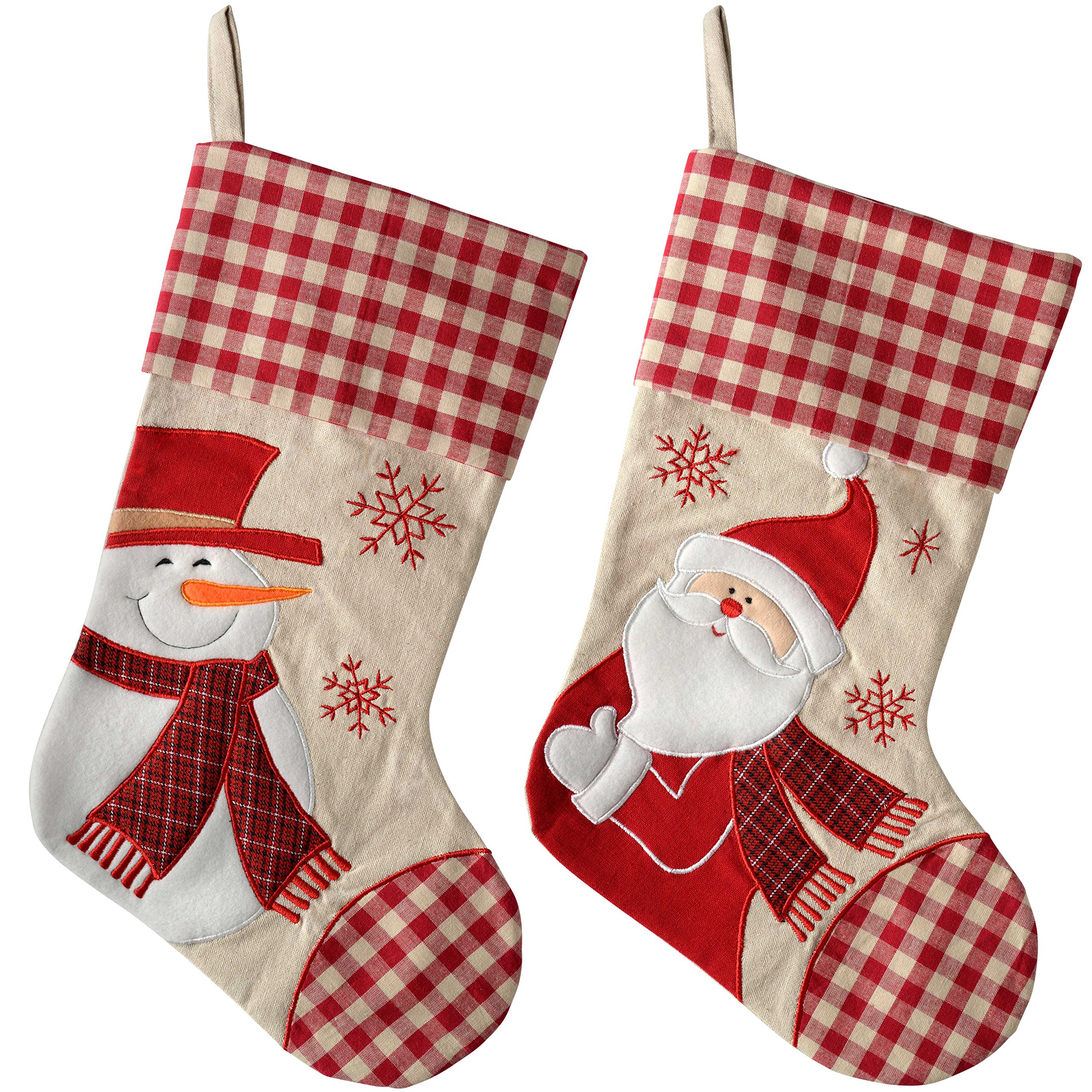 WeRChristmas Checked Christmas Stocking with Santa and Snowman, 46 cm - Red/White, Set of 2