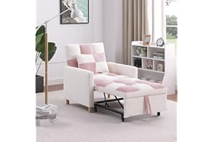 LAKIFUN 3-in-1 Convertible Sofa Bed, Teddy Fabric Accent Recliner Lounge Sleeper Chair Indoor with Adjustable Backrest & Pillow for Adults, Single Pull Out Sofa Couch for Living Room Bedroom (Pink&White)